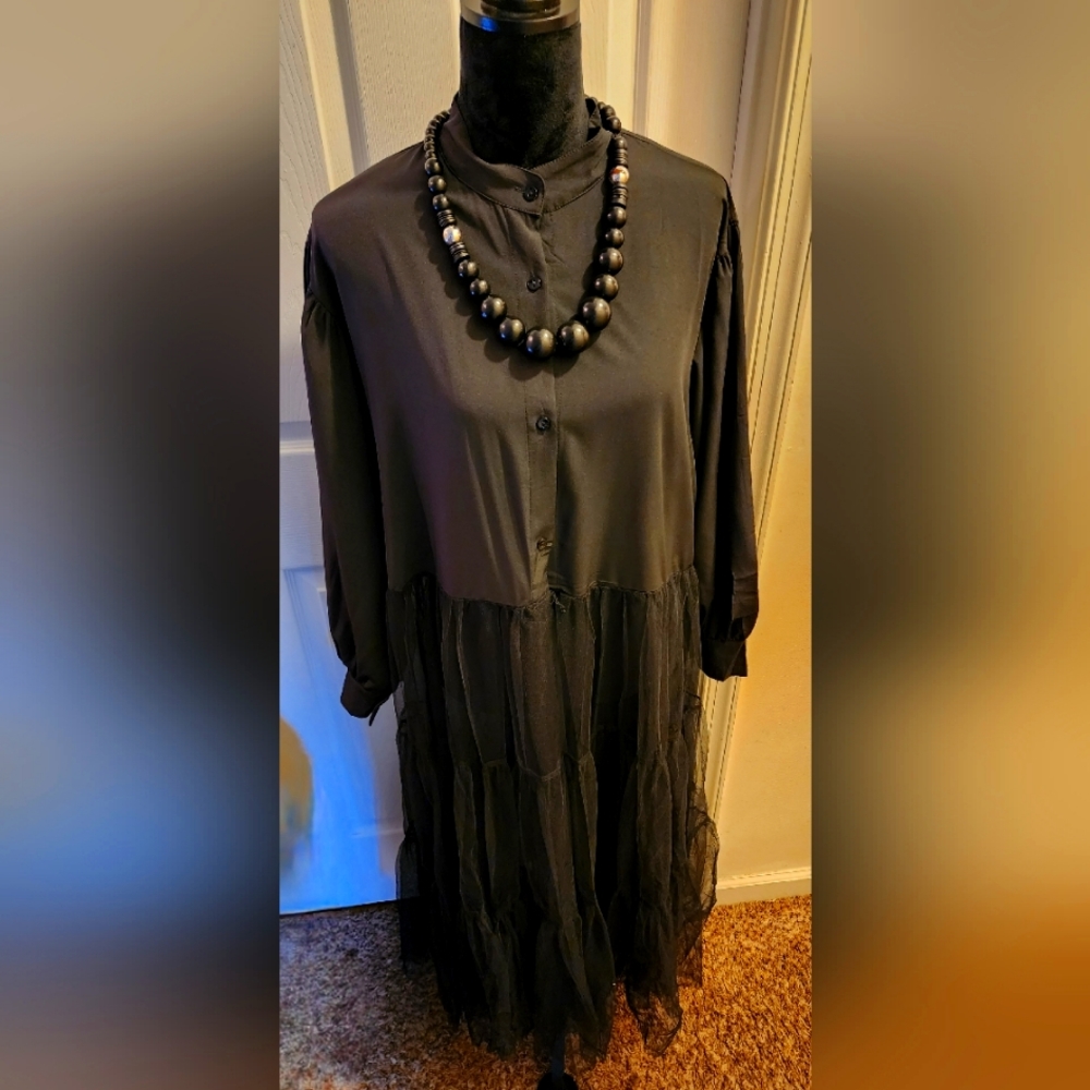 Black Sheer Tulle Shirt Dress